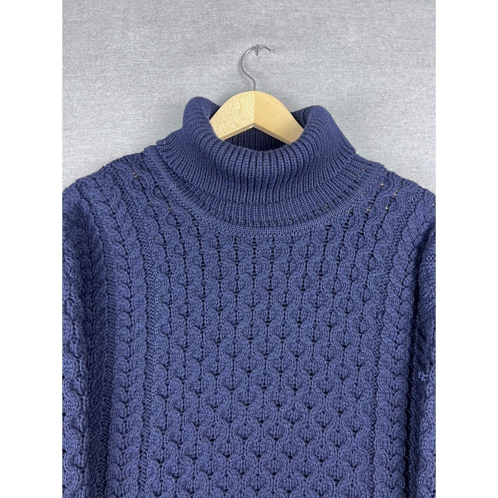 Aran Sweater Market Navy Blue 100% Merino Wool Turtleneck Honeycomb Knit Mens M